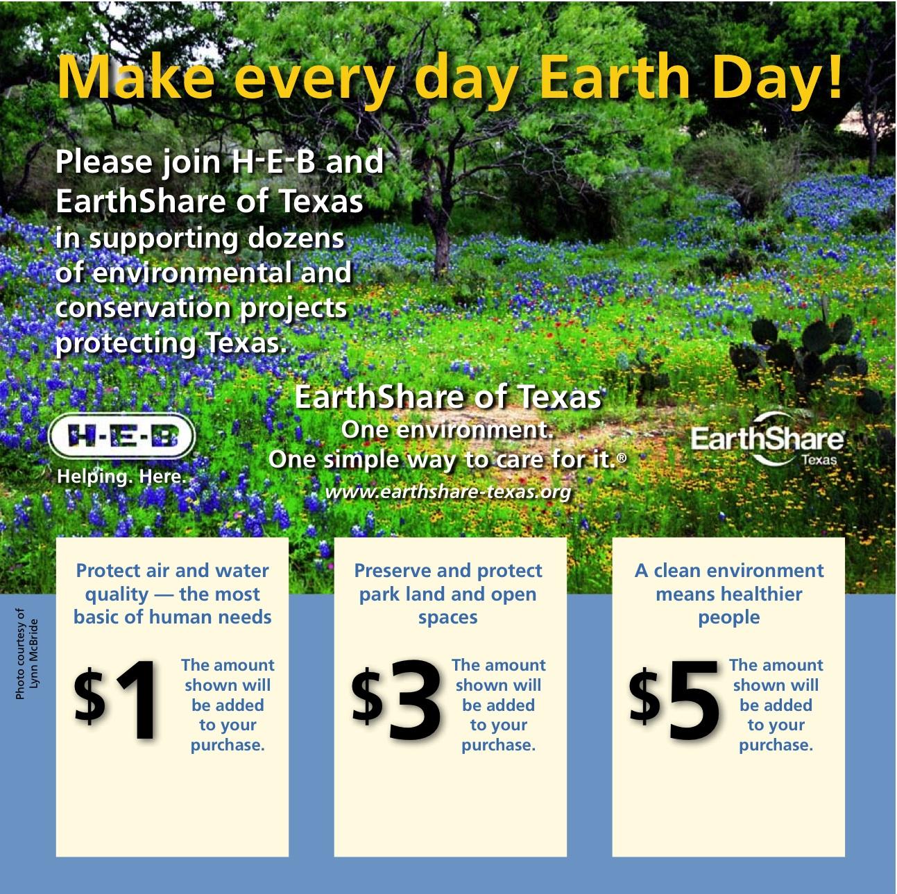 April is Earthday, give at HEB to Earthshare