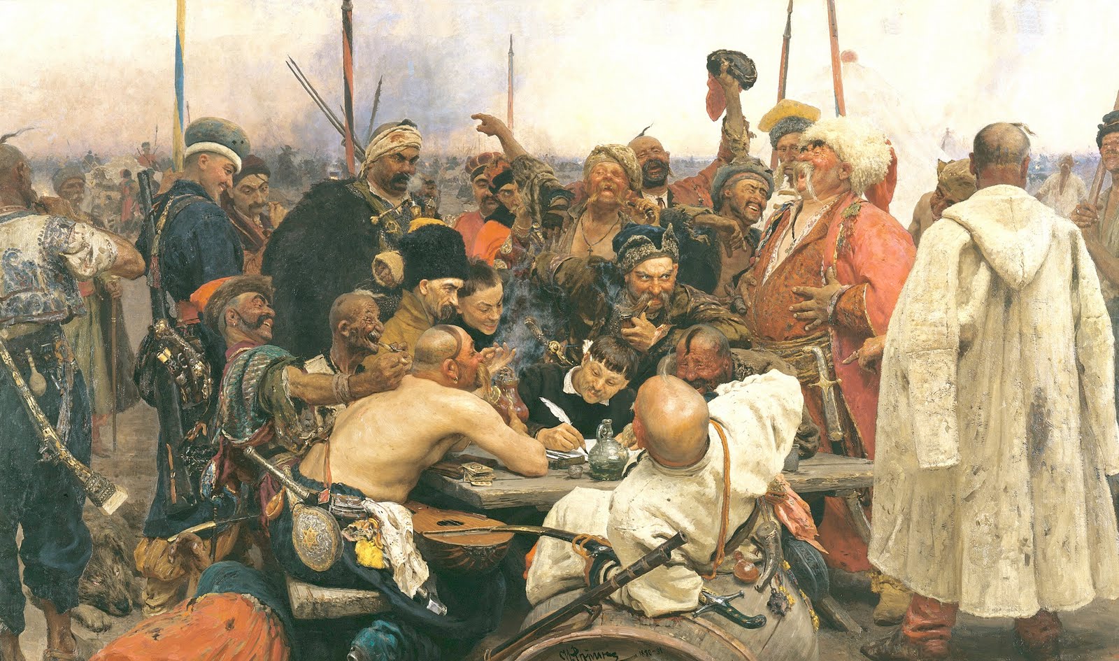 Famous painting of Ukrainian Cossacks writing a triumphant and bawdy letter to the Turkish Sultan after the Cossacks defeated his army